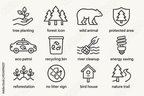 Eco-friendly icons: conservation, wildlife, and recycling symbols