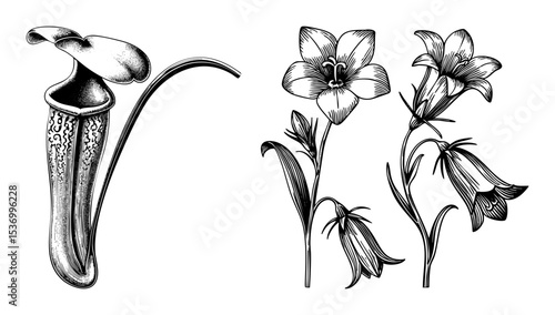 Vector Botanical featuring a pitcher plant and bellflower blossoms.