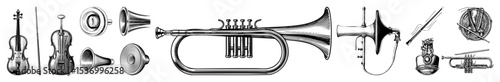 Vector Vintage musical instruments collection featuring violin horn trombone and trumpet illustrations.