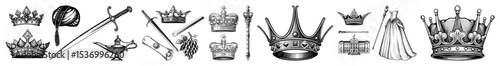 Vector Regal emblems and heraldic symbols showcase ornate crowns scepters and attire.