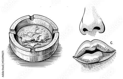 Vector Ashtray filled with cigarette butts sits beside a nose and lips .