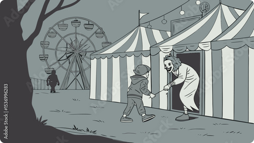 A boy approaches a creepy clown standing in a carnival tent at night