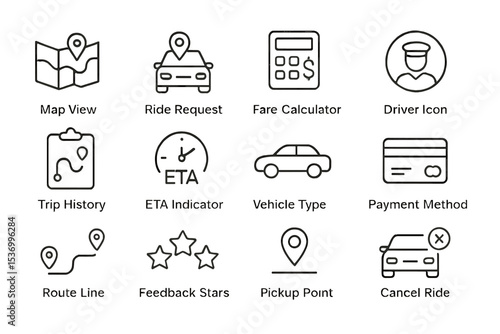 Transportation app interface icons: navigation, vehicle, payment, feedback elements