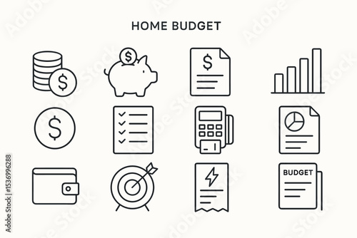 Home budget icons: finance management and saving symbols