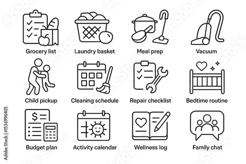 Household chore icon set: grocery, laundry, meal prep, vacuum, child care, schedule, repairs, bedtime