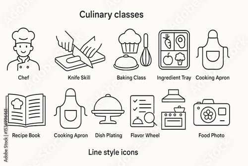 Culinary class icons: chef, ingredients, cooking tools, baking classes