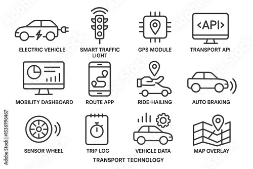 Icons of electric vehicle, smart traffic, gps, api, and transport technology