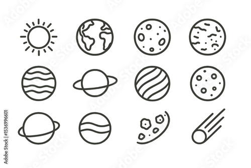Set of celestial body icons: sun, earth, planets, and asteroids on brown background