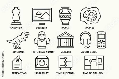 Museum exhibit icons: sculpture, paintings, fossils, dinosaur, historical armor, museum, audio-guide