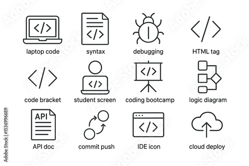 Coding and development icons set featuring laptop, debugging, student, and api elements