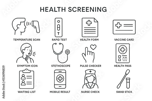 Health screening icons: temperature, test, forms, vaccine card, symptom