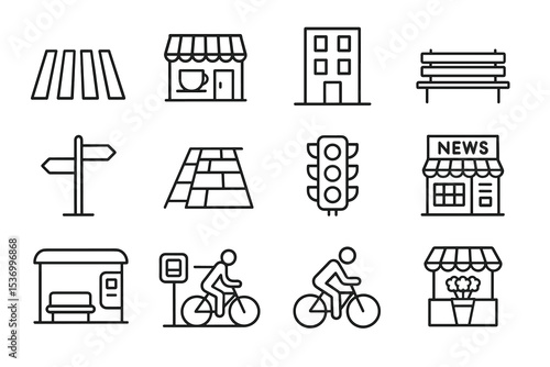City icons: buildings, transportation, and outdoor elements