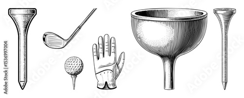Vector Vintage golf equipment features a club ball tee glove and trophy.
