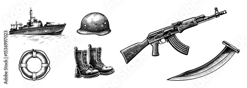 Vector Military equipment featuring a ship helmet rifle and boots.