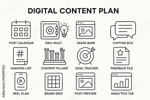 Digital content plan icons: calendar, vault, bank, tracker, tab, pillars