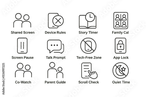 Parental control icons: screen time, app lock, tech-free zone, quiet time