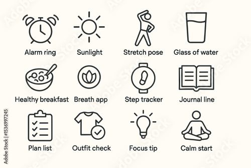 Daily routine icons: health, fitness, mindfulness, and planning