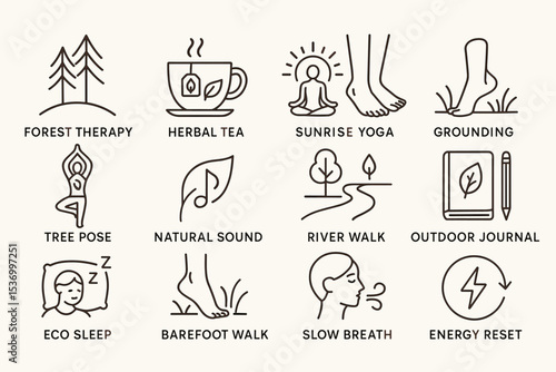 Icons illustrating forest therapy, yoga, and mindfulness practices