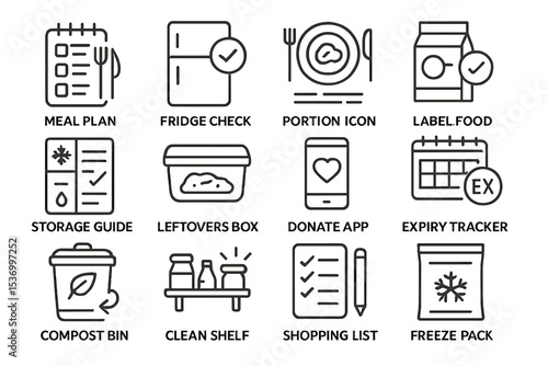 Food management icons: meal plan, storage, expiry, leftovers, donation