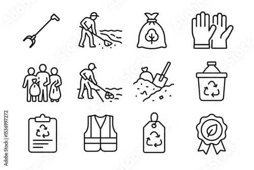 Outline icons of recycling and cleanup activities and tools set
