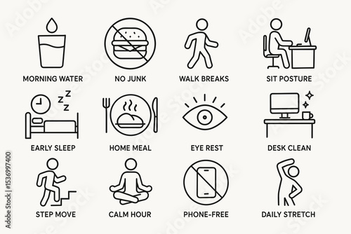 Healthy lifestyle icons: hydration, nutrition, exercise, and wellness tips