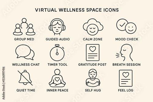 Virtual wellness space icons: meditation, audio, calm zone, mood check, gratitude, inner peace
