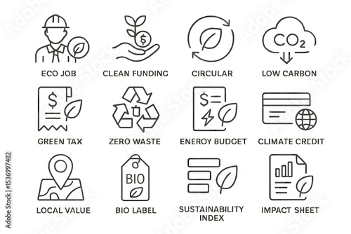 Eco-friendly initiatives icons: clean funding, zero waste, sustainability, low carbon