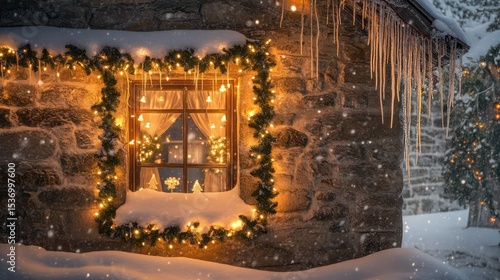 elegant stone fireplace, snowy winter night, festive holiday garland, warm cozy atmosphere, glowing Christmas lights, winter wonderland scene, magical outdoor landscape, picturesque seasonal decor
