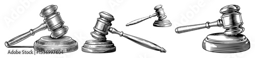 Vector Vintage judicial gavels with sound blocks in engraved style.