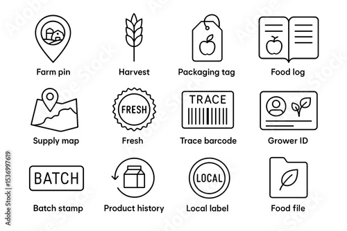Agriculture and food supply icons: farm, harvest, and product traceability symbols