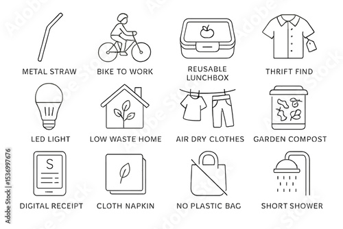 Eco-friendly lifestyle icons: sustainable living practices and environmental tips