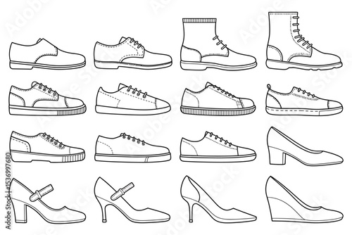 A Black and White Line Art Illustration of Various Shoe Styles Oxfords, Boots, Sneakers, and Heels
