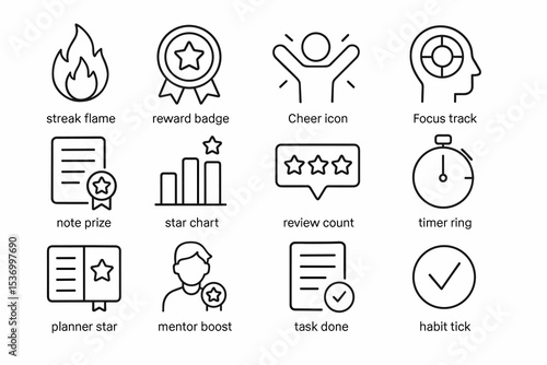 Achievement icons: fire, badge, cheer, focus, notes, stars, reviews, timer, planner, mentor, tasks, habits