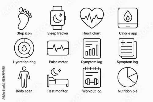 Health and fitness icons: step, sleep tracker, heart rate, calorie app, hydration, workout