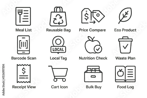 Sustainable shopping icons: eco-friendly and cost-effective practices