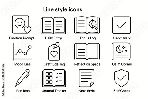Line style icons for journaling and mental health tracking