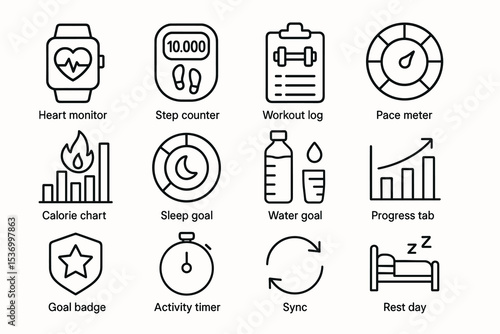 Fitness icons: heart monitor, step counter, calorie chart, water goal, rest day