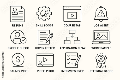 Career development icons: resume, skill boost, course tab, job alert, profile check, cover letter