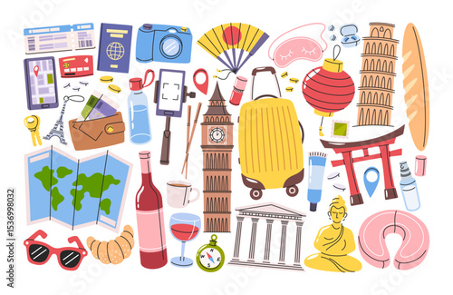 Cartoon travel set with touristic accessories, personal belongings and adventure route map