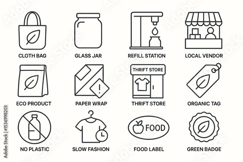 Eco-friendly icons: reusable bags, refill stations, organic tags, thrift stores, sustainable practices