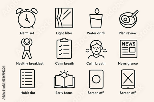 Daily routine icons set: alarm, light, hydration, breakfast, breathing, news, focus, screen time