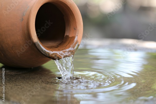 Tranquil water pours from clay jug onto stone surface creating serene ripples, showcasing nature's peaceful beauty.