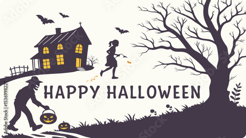 Happy halloween silhouettes of a child and a man trick or treating near a spooky house and tree