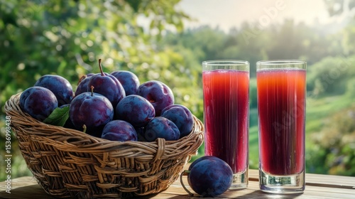 a basket of fresh plums, two glasses of red fruit juice, rustic wooden table, blurred garden background, natural lighting, vibrant colors, detailed food photography

