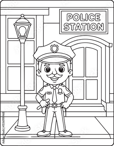 A cute police officer with uniform and duty at police station vector outline coloring page for kids
