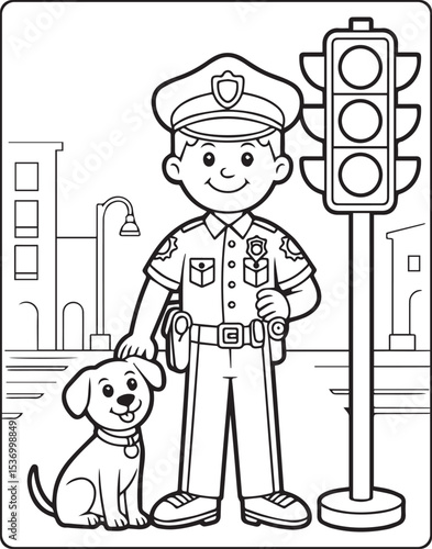 Police officer with uniform and duty at traffic signal vector outline coloring page for kids