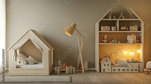 wooden house-shaped shelves, minimalist decor, natural lighting, potted plants, wooden table lamp, books on shelves, cozy atmosphere
