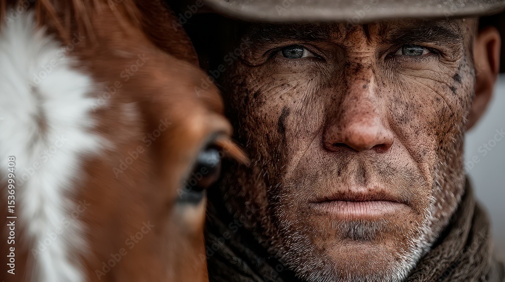 Portrait of a rugged cowboy with a horse at dawn in a Western landscape setting Portrait of a rugged cowboy with a horse at dawn in a Western landscape setting