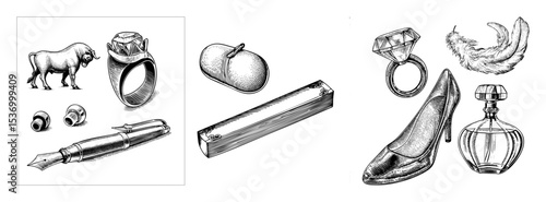 Vector Elegant collection of vintage-inspired objects including jewelry footwear and decorative items.