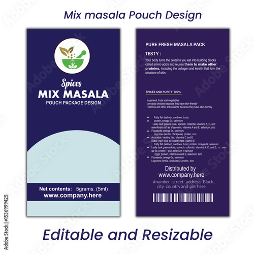 Pouch design, Professional mix masala pouch label template.